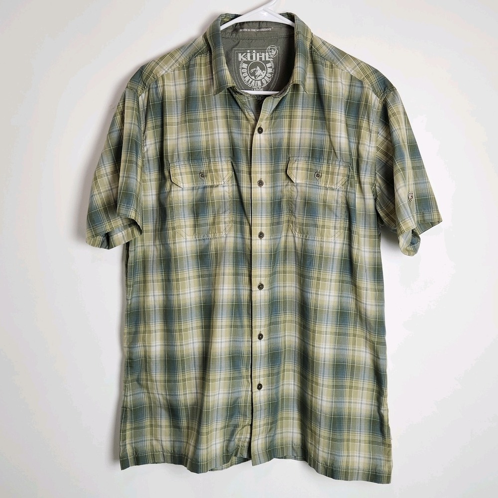 Kuhl Eluxur Button Up Shirt Men's Size L Green Blue Plaid‎ Short Sleeve Outdoor